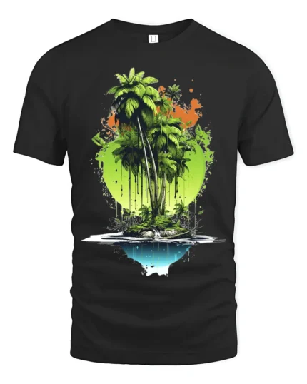 Tropical Island Reflection Tee Abstract Palm Tree Beach T-Shirt for Vacation - black t-shirt on white background