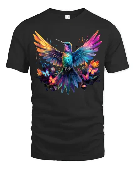 Vibrant Nature’s Flight Tee Rainbow Hummingbird with Flowers and Butterflies T-Shirt - black t-shirt on white background
