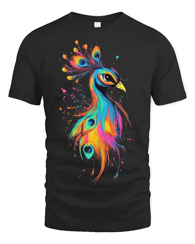 Vibrant Bird Tee Watercolor Rainbow Peacock Graphic T-Shirt for Peacock Fans - black t-shirt on white background