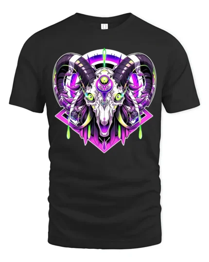 Cyber Ram Skull T-Shirt Neon Goat Head Graphic Tee for Alternative Fashion - black t-shirt on white background