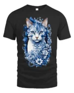 Azure Floral Cat Tee Elegant Blue Kitten with Flowers T-Shirt for Cat People - black t-shirt on white background