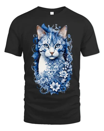 Azure Floral Cat Tee Elegant Blue Kitten with Flowers T-Shirt for Cat People - black t-shirt on white background