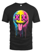 Melting Smiley Face Tee Colorful Dripping Emoji T-Shirt for Fun Style - black t-shirt on white background