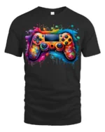Splash Gamer Tee Vibrant Colorful Controller T-Shirt for Video Game Fans - black t-shirt on white background