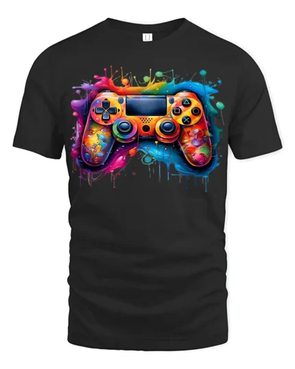 Splash Gamer Tee Vibrant Colorful Controller T-Shirt for Video Game Fans - black t-shirt on white background