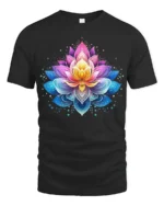 Gradient Lotus Tee Vibrant Ombre Flower T-Shirt for Yoga Zen Meditation - black t-shirt on white background