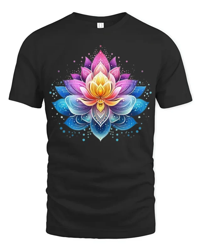 Gradient Lotus Tee Vibrant Ombre Flower T-Shirt for Yoga Zen Meditation - black t-shirt on white background