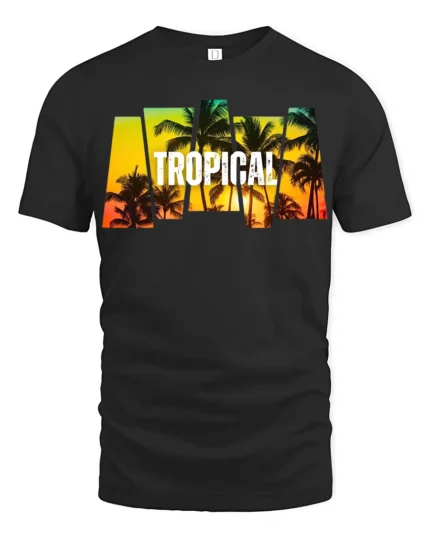 Tropical Sunset Palm Tree T-Shirt Island Vacation Beach Tee for Summer Vibes - black t-shirt on white background