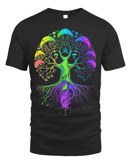 Psychedelic Shroom Chakra Tree Yoga Zen T-Shirt Colorful Fungi Forest Tee for US Explorers - black t-shirt on white background