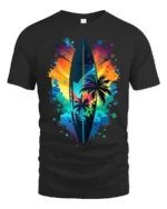 Colorful Surf Vibes T-Shirt Palm Tree and Sunset Graphic Tee for Summer Days - black t-shirt on white background