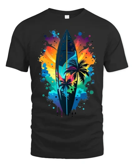Colorful Surf Vibes T-Shirt Palm Tree and Sunset Graphic Tee for Summer Days - black t-shirt on white background