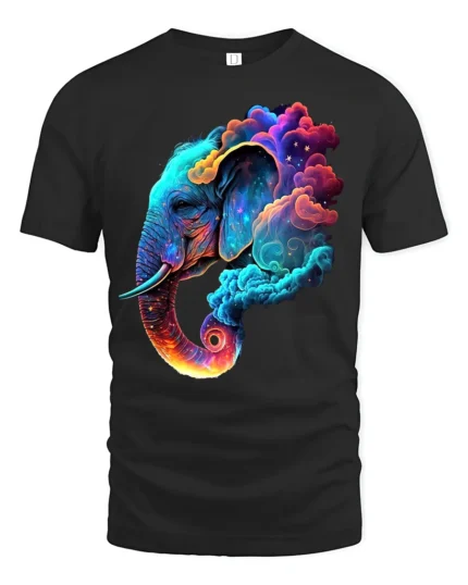 Cosmic Elephant T-Shirt Vibrant Animal Graphic Tee with Dreamy Galaxy Clouds - black t-shirt on white background