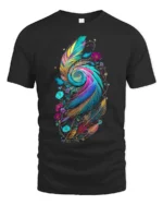 Colorful Feather Spiral Artistic Floral Print Tee for Boho Style Lovers T-Shirt - black t-shirt on white background