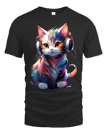 T-Shirt Music Cat Graphic Bright Artistic DJ Kitty Tee for Trendy Pet Fans - black t-shirt on white background