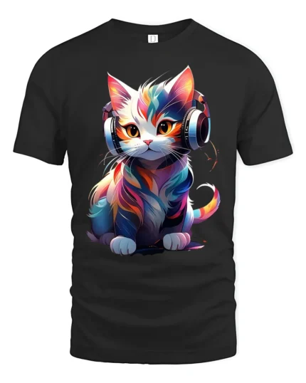 T-Shirt Music Cat Graphic Bright Artistic DJ Kitty Tee for Trendy Pet Fans - black t-shirt on white background