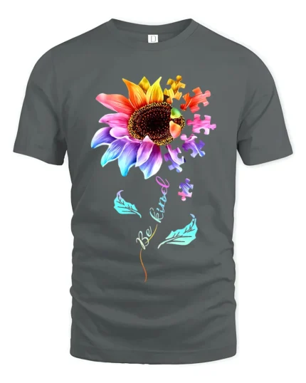 Be Kind Puzzle Sunflower T-Shirt Autism Awareness Graphic Tee for Kindness - gray t-shirt on white background