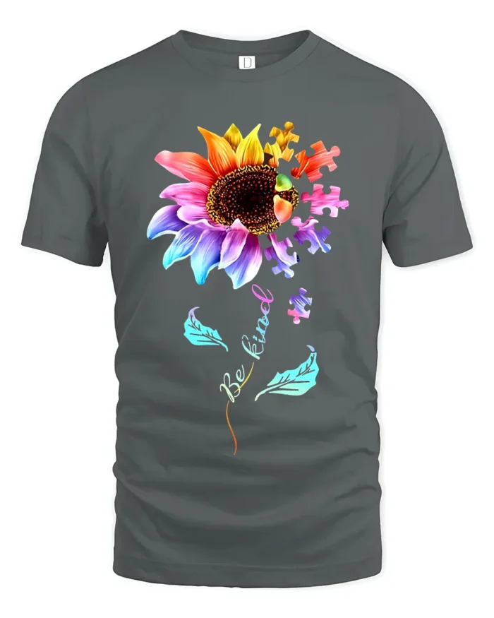 Be Kind Puzzle Sunflower T-Shirt Autism Awareness Graphic Tee for Kindness - gray t-shirt on white background