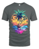 Vibrant Palm Sunset T-Shirt Abstract Tropical Beach Graphic Tee for Summer Vibes - gray t-shirt on white background
