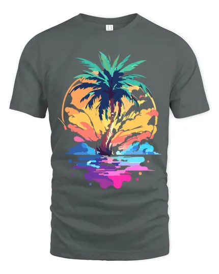 Vibrant Palm Sunset T-Shirt Abstract Tropical Beach Graphic Tee for Summer Vibes - gray t-shirt on white background