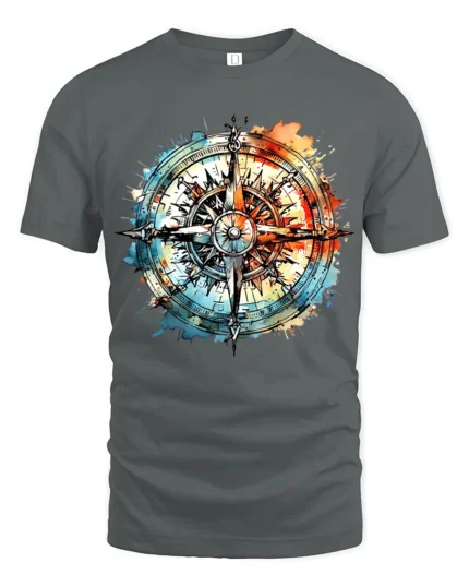 Watercolor Compass T-Shirt Artistic Nautical Travel Tee for Adventure Seekers - gray t-shirt on white background