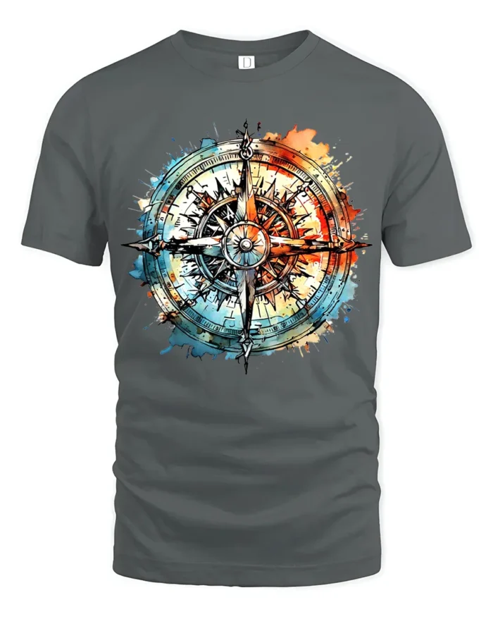 Watercolor Compass T-Shirt Artistic Nautical Travel Tee for Adventure Seekers - gray t-shirt on white background