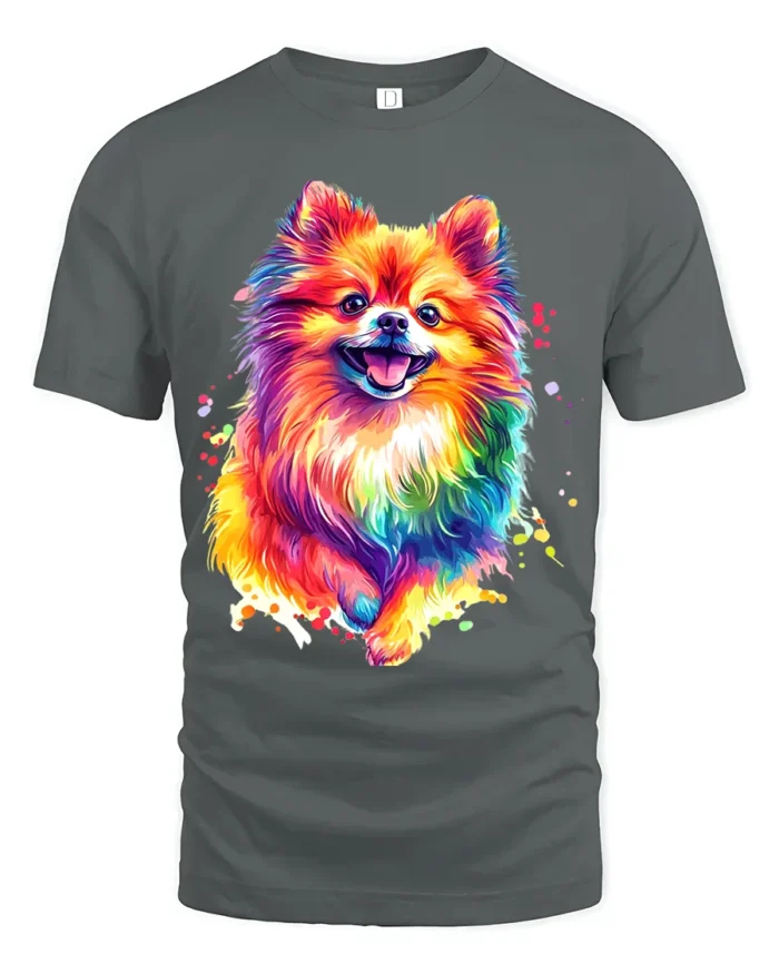 Colorful Pom Abstract Watercolor Pomeranian T-Shirt for Dog Fans - gray t-shirt on white background