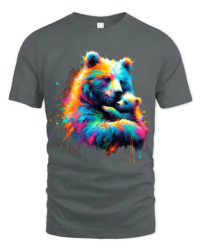Colorful Bear Hug Tee Abstract Watercolor Mother and Baby Bear T-Shirt for US - gray t-shirt on white background