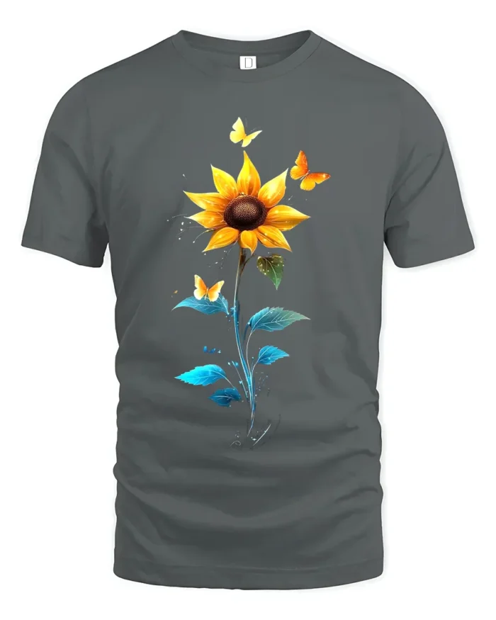 Sunflower Butterfly Tee Vibrant Floral Insect T-Shirt for Nature Lovers - gray t-shirt on white background
