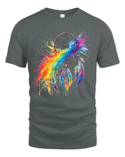Watercolor Dreamcatcher T-Shirt Rainbow Feather Spirit Graphic Tee for Dreamers - gray t-shirt on white background