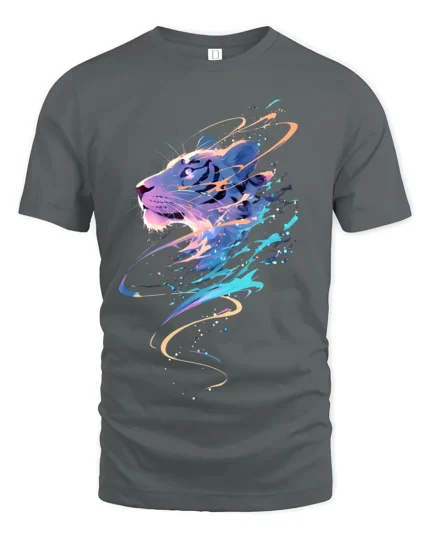 Colorful Tiger Graphic T-Shirt  Abstract Big Cat Art Tee for Bold Individuals - gray t-shirt on white background