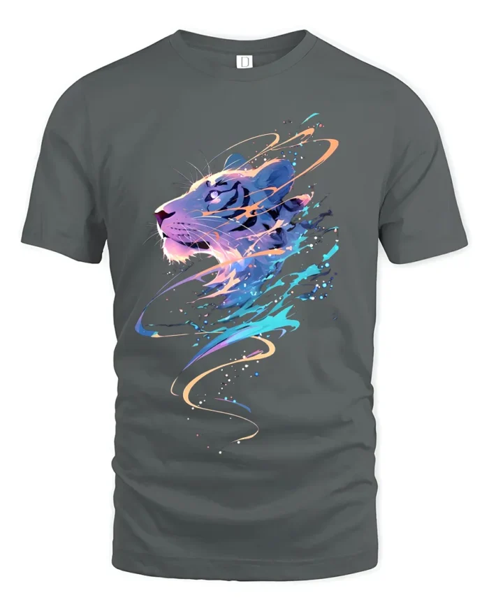 Colorful Tiger Graphic T-Shirt  Abstract Big Cat Art Tee for Bold Individuals - gray t-shirt on white background