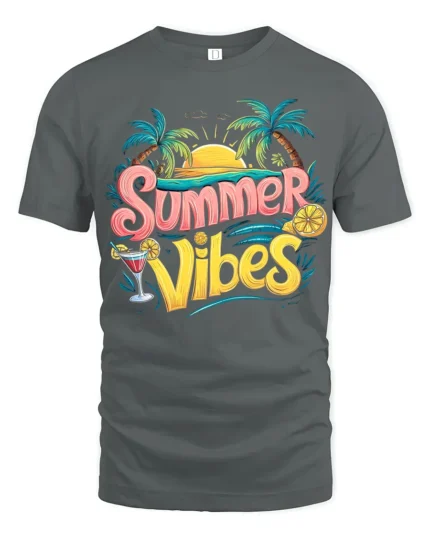 Cool Summer Vibes T-Shirt Retro Beach Sunset Tee with Palm Trees Drink - gray t-shirt on white background