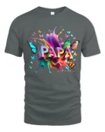 Colorful Papa Butterfly Tee Vibrant Father’s Day T-Shirt with Butterfly Art - gray t-shirt on white background