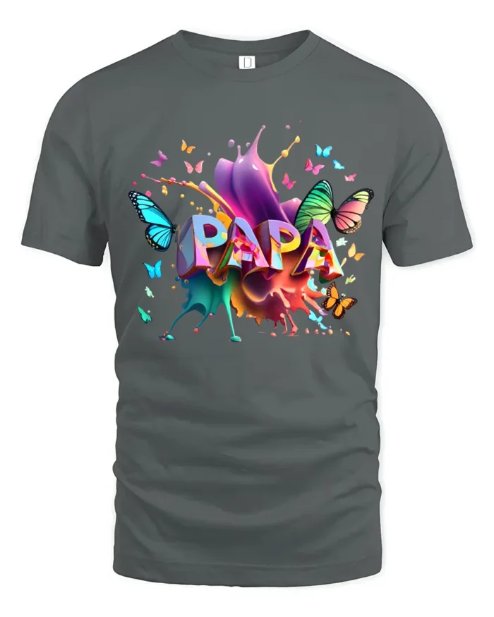 Colorful Papa Butterfly Tee Vibrant Father’s Day T-Shirt with Butterfly Art - gray t-shirt on white background
