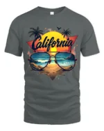 California Beach Vibes Tee Retro Sunset Sunglasses T-Shirt for West Coast Fans - gray t-shirt on white background
