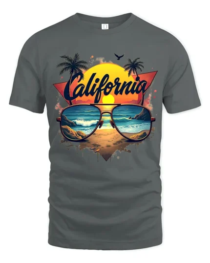 California Beach Vibes Tee Retro Sunset Sunglasses T-Shirt for West Coast Fans - gray t-shirt on white background