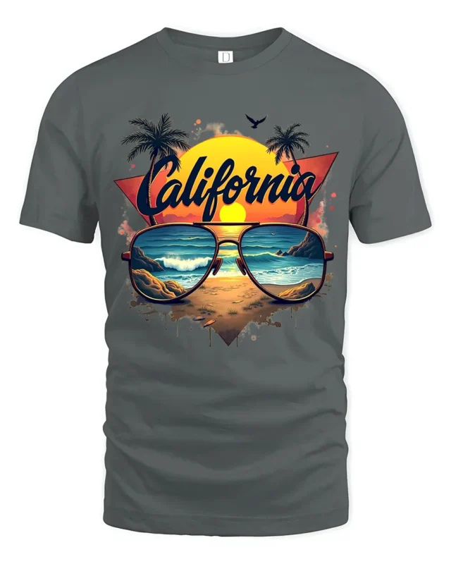 California Beach Vibes Tee Retro Sunset Sunglasses T-Shirt for West Coast Fans - gray t-shirt on white background