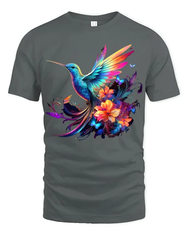 Rainbow Hummingbird Tee Vibrant Floral Butterfly T-Shirt for Nature Lovers - gray t-shirt on white background
