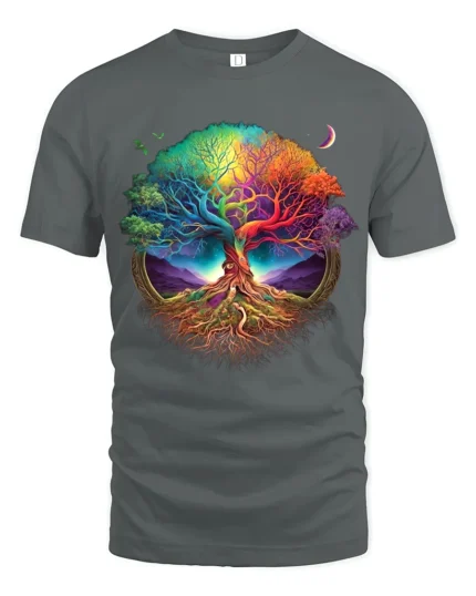 Vibrant Life Tree Yoga Zen Tee Rainbow Colored Spiritual Nature T-Shirt for All - gray t-shirt on white background