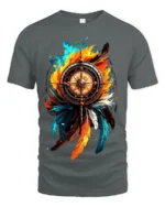 Nautical Feather T-Shirt Artistic Compass Graphic Tee for Explorers and Dreamers - gray t-shirt on white background