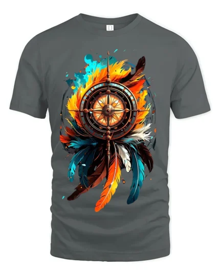 Nautical Feather T-Shirt Artistic Compass Graphic Tee for Explorers and Dreamers - gray t-shirt on white background