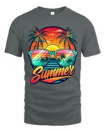 Retro Summer Vibes Tee Sunset Beach Sunglasses T-Shirt for Vacation Lovers - gray t-shirt on white background