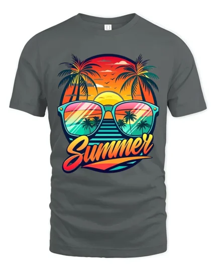 Retro Summer Vibes Tee Sunset Beach Sunglasses T-Shirt for Vacation Lovers - gray t-shirt on white background