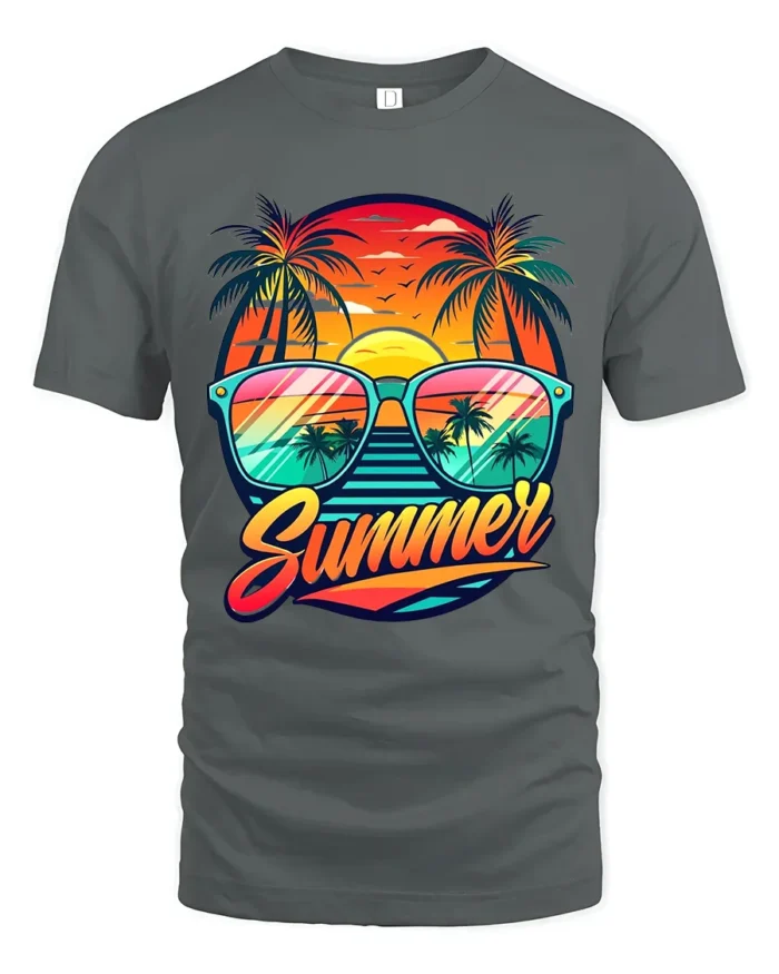 Retro Summer Vibes Tee Sunset Beach Sunglasses T-Shirt for Vacation Lovers - gray t-shirt on white background