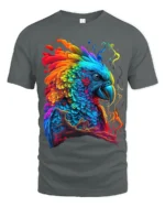 Colorful Parrot Explosion T-Shirt Vibrant Tropical Bird Tee for Summer Fun - gray t-shirt on white background