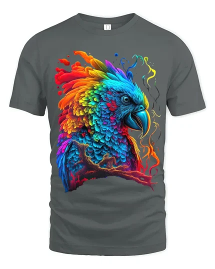 Colorful Parrot Explosion T-Shirt Vibrant Tropical Bird Tee for Summer Fun - gray t-shirt on white background