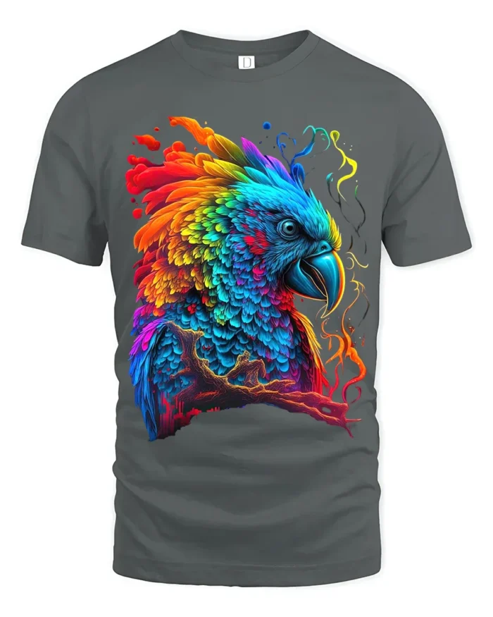 Colorful Parrot Explosion T-Shirt Vibrant Tropical Bird Tee for Summer Fun - gray t-shirt on white background