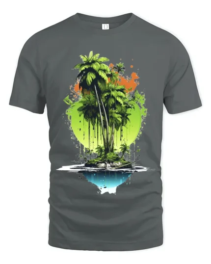 Tropical Island Reflection Tee Abstract Palm Tree Beach T-Shirt for Vacation - gray t-shirt on white background