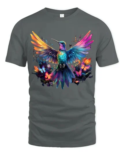 Vibrant Nature’s Flight Tee Rainbow Hummingbird with Flowers and Butterflies T-Shirt - gray t-shirt on white background