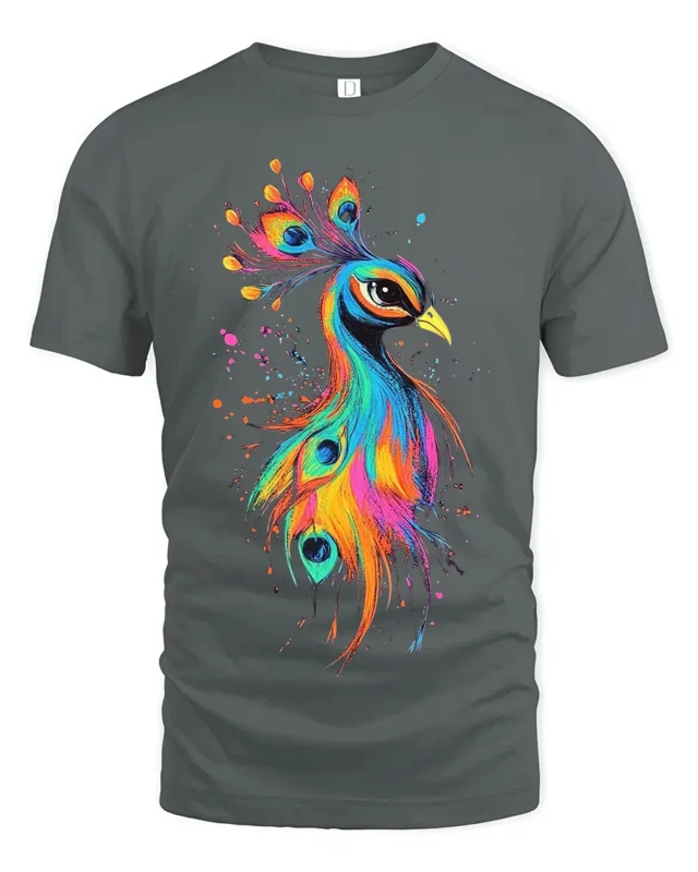 Vibrant Bird Tee Watercolor Rainbow Peacock Graphic T-Shirt for Peacock Fans - gray t-shirt on white background